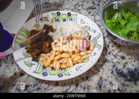 Un plat fait maison à São Paulo, Brésil. Avec haricots blancs et Calabresa et riz et bœuf. Cuisine brésilienne Banque D'Images