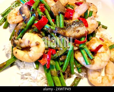 Crevettes asiatiques sautées, haricots verts et piments sur un lit de riz Banque D'Images