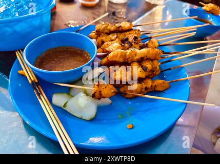 Satay marinade grillé au charbon de bois servi avec une sauce épicée aux arachides en Asie Banque D'Images