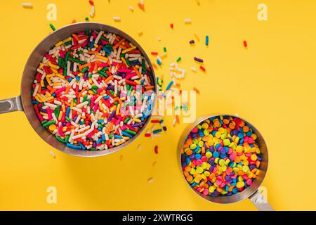 Le sucre coloré saupoudre dans des tasses à mesurer sur un fond jaune vif Banque D'Images