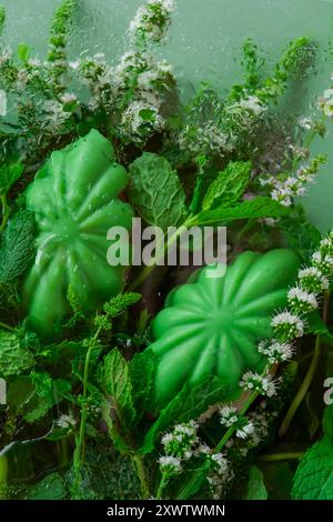 Gâteau à la Madeleine à l'extrait de menthe avec fleur de menthe gros plan sous verre avec des gouttes d'eau. Dessert français à saveur menthe. Pâtisseries fraîches à la menthe. Banque D'Images