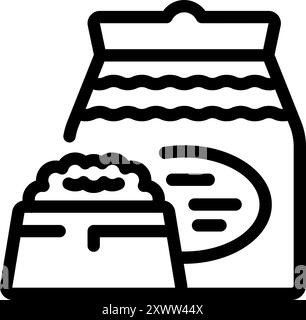Icône d'art de ligne d'un sac ouvert de farine ou de sucre avec une cuillère obtenant une cuillère d'ingrédient pour la cuisson Illustration de Vecteur