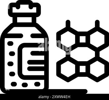 Simple icône de contour en gras représentant un flacon de vaccin debout près d'une structure moléculaire Illustration de Vecteur