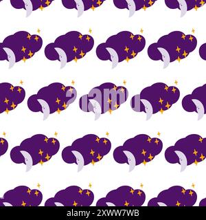 Magic Cloud avec lune et étoiles décoratives modèle sans couture dans la mode monochrome violet isolé illustration vectorielle. Emballage, papier peint, emballage ou cartes, affiches, bannière ou concept de fond Web Illustration de Vecteur