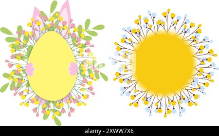 Forme d'oeuf de Pâques et cadres de ressort en cercle avec fleurs et oreilles de lapin en brindilles isolées ensemble de 2. Cartes d'illustration vectorielle, affiches, bannières, brochures, dépliants, étiquette de prix, étiquette ou idée de conception web Illustration de Vecteur