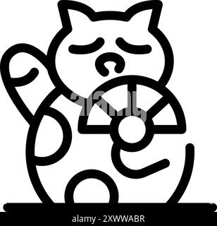 Chat chanceux japonais tenant un ventilateur uchiwa traditionnel, icône de dessin au trait minimal simple Illustration de Vecteur
