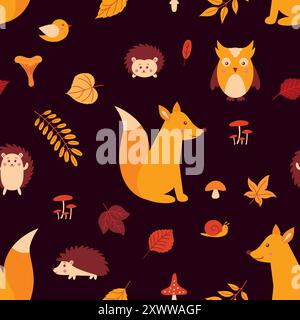 Modèle sans couture avec des animaux de la forêt et des feuilles d'automne Illustration de Vecteur