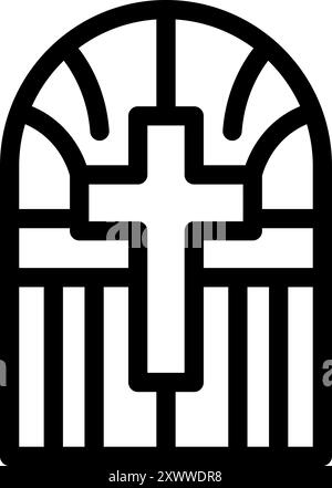 Simple icône de dessin au trait d'une fenêtre d'église voûtée ornée d'un symbole de croix proéminent Illustration de Vecteur