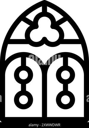 Icône de ligne simple représentant une fenêtre d'église voûtée, avec une scène religieuse et des ornements suspendus Illustration de Vecteur
