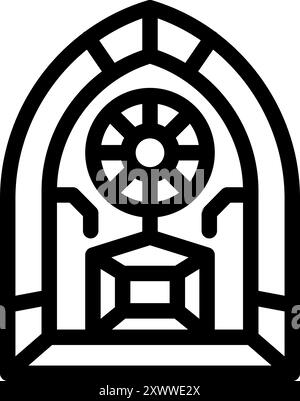 Simple icône d'art au trait d'un arc gothique avec une rosace et un autel, suggérant un espace sacré Illustration de Vecteur