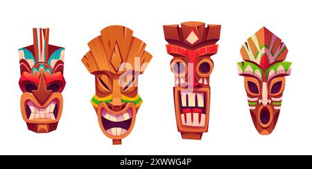 Collection traditionnelle de masque totem tiki hawaïen. Ensemble d'illustration vectorielle de dessin animé de la tête de statue de culture tribale en bois avec des décorations de feuilles tropicales. Affrontez les émotions avec les yeux, les dents et la langue. Illustration de Vecteur