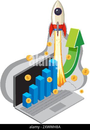 Lancement de fusée à partir d'un ordinateur portable avec graphique ascendant Illustration de Vecteur