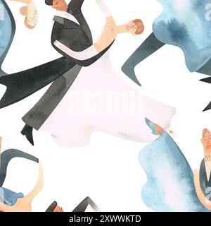 Danse de bal standard. Couples adultes sur le parquet. Illustration aquarelle isolée. Motif sans couture. Fond blanc Banque D'Images