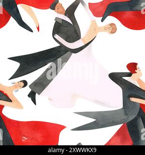 Danse de bal standard. Couples adultes sur le parquet. Illustration aquarelle isolée. Motif sans couture. Fond blanc Banque D'Images