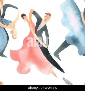 Danse de bal standard. Couples adultes sur le parquet. Illustration aquarelle isolée. Motif sans couture. Fond blanc Banque D'Images