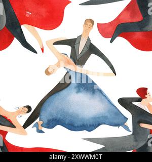 Danse de bal standard. Couples adultes sur le parquet. Illustration aquarelle isolée. Motif sans couture. Fond blanc Banque D'Images