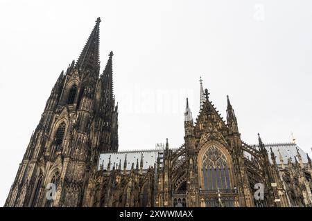 Les vues ascendantes capturent la maçonnerie des deux flèches gothiques et du tracery ajouré de la cathédrale de Cologne s'élevant contre le ciel, à Cologne, en Allemagne. Banque D'Images