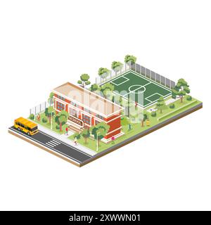 Bâtiment d'école ou d'université avec stade de sport sur la cour d'école. Illustration vectorielle. Scène isométrique. Autobus scolaire. Arbres verts. Illustration de Vecteur