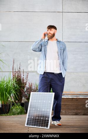 L'homme barbu parle sur smartphone connecté à un panneau solaire photovoltaïque. Intégration de l'énergie renouvelable durable dans la vie quotidienne, démonstration de l'utilisation pratique de l'énergie solaire pour les appareils de recharge. Banque D'Images