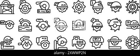 Jeu d'icônes de scie circulaire. Différents types de scies circulaires, d'outils de coupe et d'équipements de scierie sont représentés sous forme d'icônes Illustration de Vecteur