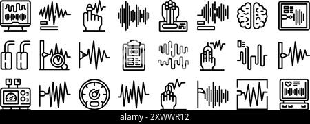 Icônes de test du détecteur de mensonge définies. Diverses icônes représentant la mesure de l'activité cérébrale à l'aide d'électrodes, de capteurs et d'autres équipements médicaux Illustration de Vecteur