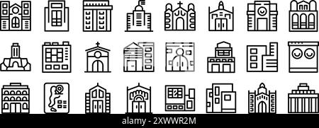 Icônes Santa Fe définies. Ensemble d'icônes de bâtiments simples et minimalistes représentant divers styles architecturaux et fonctions, des bâtiments religieux aux gratte-ciel modernes Illustration de Vecteur