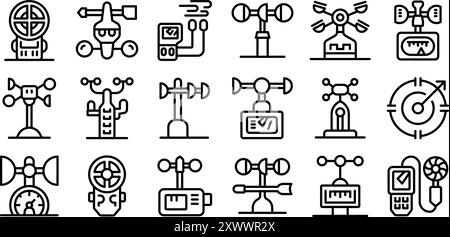 Icônes anémomètre définies. Anémomètre mesurant la vitesse et la direction du vent montrant la vitesse de l'air avec des icônes montrant des girouettes, des chaussettes à vent et des symboles de flux d'air Illustration de Vecteur