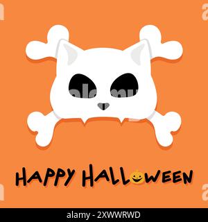 Bonne carte de voeux Halloween avec un crâne de chat avec des os croisés sur fond orange. Cat Jolly Roger. Illustration vectorielle Illustration de Vecteur