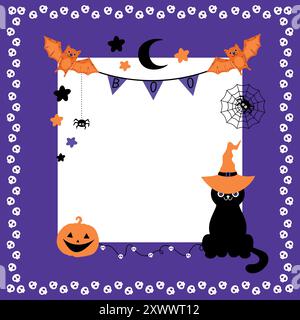 Carte de voeux d'Halloween avec chat noir, chauves-souris, araignées, citrouille et espace blanc carré. Cadre festif d'Halloween avec échafaudages. Illustration vectorielle Illustration de Vecteur