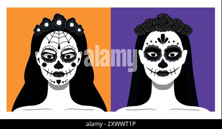 Femmes avec un maquillage de crâne de sucre. Femelles avec set de maquillage crâne de sucre. Monochrome. Jour des morts. Dia de los Muertos Illustration de Vecteur