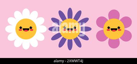 Personnages de fleurs souriantes de dessin animé mignon dans un style enfantin. Icônes de fleurs joyeuses dans un design plat simple. Illustration vectorielle Illustration de Vecteur