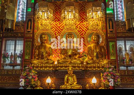 Trikaya au Bouddha Wat Dibayavari Vihara (Kham Low Yi ou Temple Green Dragon Temple Holy Water), temple chinois vietnamien, Bangkok, Thaïlande Banque D'Images