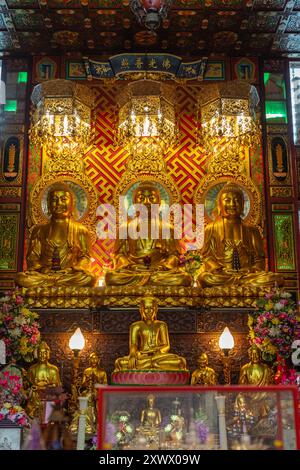 Trikaya au Bouddha Wat Dibayavari Vihara (Kham Low Yi ou Temple Green Dragon Temple Holy Water), temple chinois vietnamien, Bangkok, Thaïlande Banque D'Images