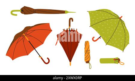Ensemble coloré d'automne de différents parapluies. Illustration vectorielle. Collection de saison plate brillante Illustration de Vecteur
