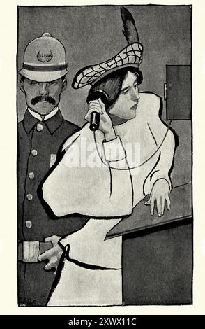 Jeune femme faisant un appel téléphonique depuis un poste de police après avoir été arrêtée< officier de police de New York debout derrière elle, années 1890, millésime du 19ème siècle Banque D'Images