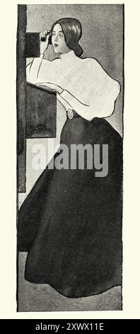 Histoire, jeune femme parlant au téléphone, faisant un appel téléphonique, victorien, années 1890 XIXe siècle illustration vintage Banque D'Images