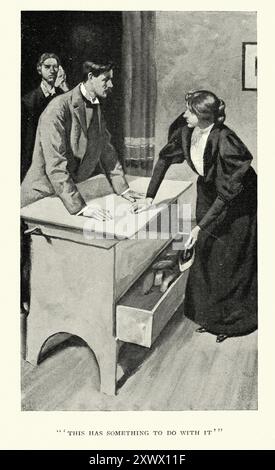 Femme et homme cherchant à travers des dessins à la recherche de quelque chose, victorien, années 1890 19ème siècle illustration vintage Banque D'Images