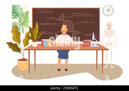 Femme professeur de biologie assis au bureau dans l'illustration vectorielle de classe Illustration de Vecteur