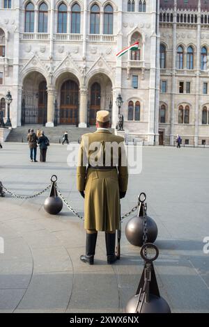 Un soldat se tient debout en uniforme traditionnel, face au majestueux bâtiment du Parlement hongrois à Budapest. La scène capture un mélange de fierté nationale et de grandeur architecturale. La lumière du soleil met en évidence les détails complexes de la structure historique. Banque D'Images