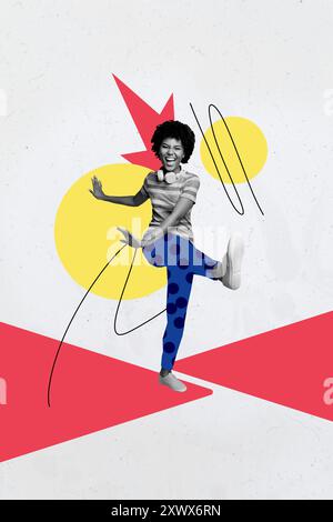 Composite tendance illustration croquis d'image photo collage de l'espace surréaliste race africaine jeune femme en mouvement partie de danse écouter des écouteurs de musique Banque D'Images