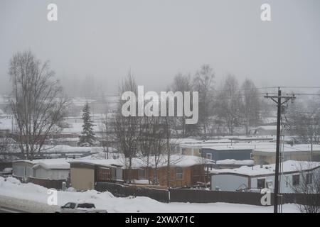 Un parc de caravanes serein enneigé à Anchorage, en Alaska, couvert d'un épais brouillard. La scène capture une journée d'hiver tranquille, avec des arbres et des remorques poussiéreux dans la neige, évoquant des sentiments de solitude et de tranquillité. Banque D'Images