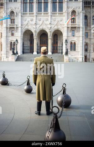 Un garde solitaire en uniforme traditionnel veille devant le majestueux bâtiment du Parlement hongrois à Budapest. Ce chef-d'œuvre architectural respire l'importance historique et la fierté nationale, avec son design complexe et sa présence grandiose. Banque D'Images