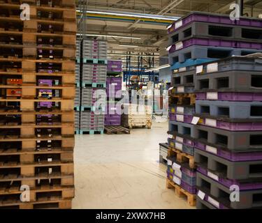 Un entrepôt industriel spacieux avec des palettes en bois soigneusement empilées et des caisses en plastique. L'image capture l'environnement organisé d'une usine de fabrication avec des machines et des équipements en arrière-plan. Banque D'Images