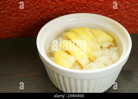 Dessert thaïlandais populaire de riz collant avec chair Durian mûre et lait de coco appelé Kao Niaow Turian Banque D'Images