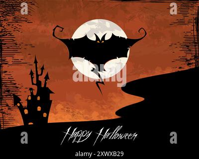 Une chauve-souris survolant un château et la lune avec les mots Happy Halloween écrits ci-dessous. La scène est effrayante et sur le thème d'Halloween Illustration de Vecteur