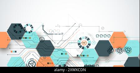 Fond de carte de circuit imprimé abstrait avec des hexagones. Concept de technologie numérique haute technologie. Vecteur dessiné à la main. Illustration de Vecteur