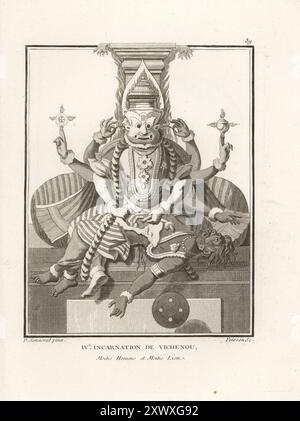 Dieu hindou Vishnu comme demi-homme, demi-lion avatar, Narasimha, quatrième incarnation. Seigneur Vishnu avec des fleurs et des bijoux, visage d'un lion, désincarnant le corps de Hiranyakashipu sur ses genoux. Quatrieme Incarnation de Vichenou, moitie homme et moitie Lion. Gravure sur cuivre de Jean-Baptiste Marie poisson d'après une illustration de Pierre Sonnerat tirée de son voyage aux Indes orientales et à la Chine (voyage aux Indes orientales et en Chine, Dentu, Paris, 1806). Banque D'Images