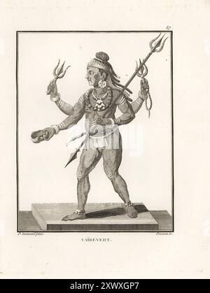Wairewert, troisième fils du Dieu hindou Shiva, né du souffle de Shiva, Dieu de la destruction. Montré portant le mundamala, un collier de crânes humains, pagne, et tenant un trident, des perles de prière, danda (sceptre). Vairevert. Troisieme fils de Chiven. Gravure sur cuivre de Jean-Baptiste Marie poisson d'après une illustration de Pierre Sonnerat tirée de son voyage aux Indes orientales et à la Chine (voyage aux Indes orientales et en Chine, Dentu, Paris, 1806). Banque D'Images