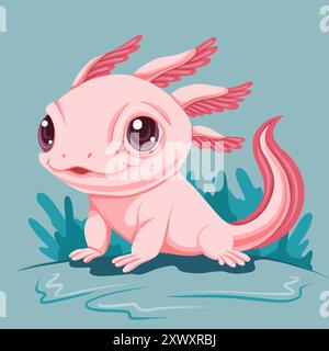 Illustration vectorielle de mignon axolotl rose dans le style de bande dessinée. Carte postale avec amphibien mignon pour autocollants et bannières. Illustration de Vecteur