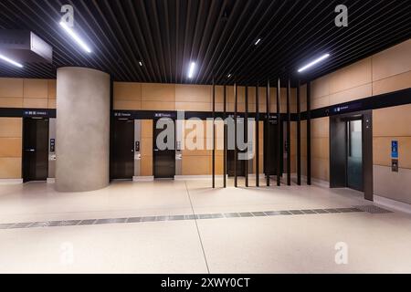 Sydney, Australie, mercredi 21 août 2024. Gare de Gadigal qui a été ouverte cette semaine dans le cadre de la ligne de train sans conducteur du métro de Sydney reliant Sydenham à Chatswood et sur Tallawong. La gare de Gadigal est située à la jonction entre le quartier des affaires central de Sydney et le quartier commercial de Midtown. Deux œuvres carrelées audacieuses et monumentales, des images miroir marquant les deux entrées de la nouvelle gare de Gadigal, intitulées « The Underneath » par l'artiste Callum Morton. Le nom de la station reconnaît le peuple Gadigal, les gardiens originaux de la terre autour du quartier des affaires de Sydney. Banque D'Images